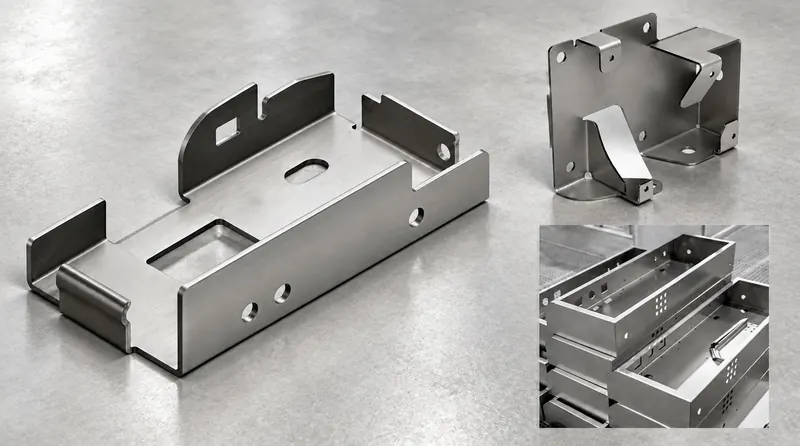 Assorted custom sheet metal components including brackets and housings