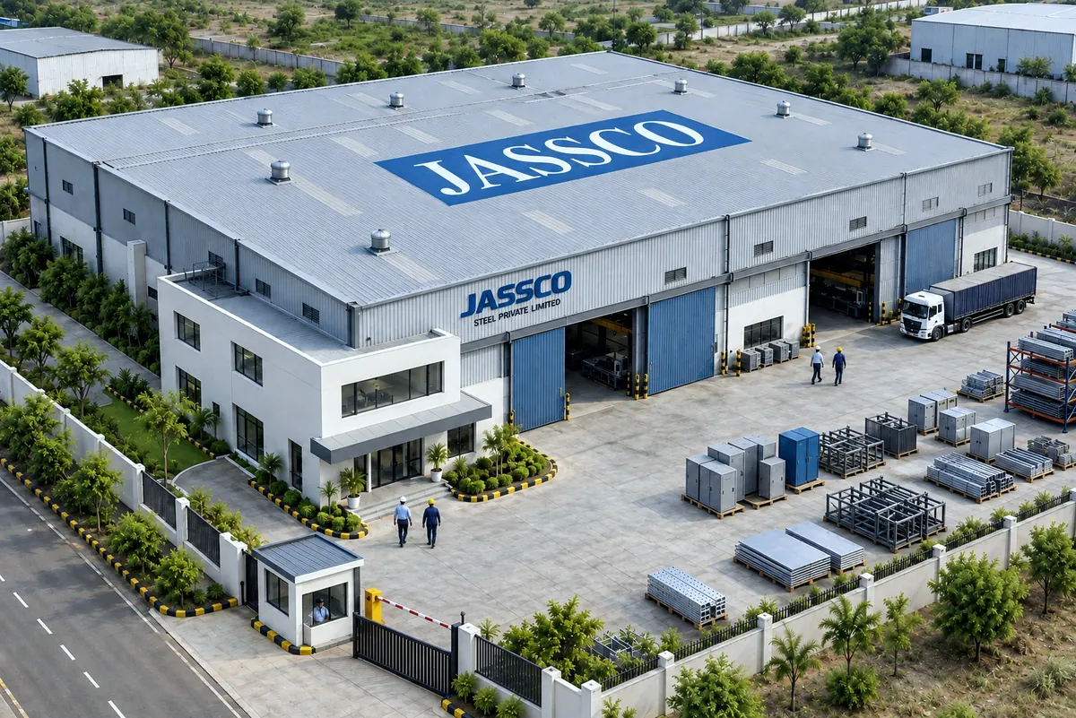 Aerial view of the JASSCO Steel manufacturing unit at RIICO Industrial Area, Ghiloth, Neemrana, Rajasthan
