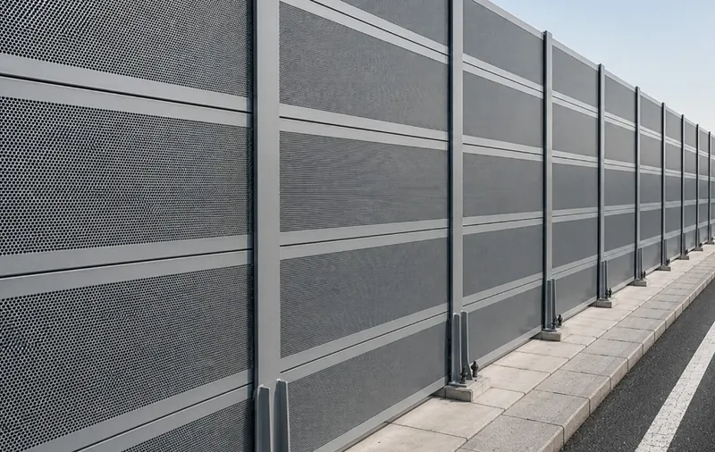 Row of modular metal noise barrier panels