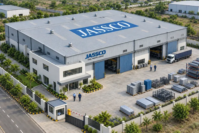 Aerial view of the JASSCO Steel manufacturing unit in RIICO Industrial Area, Ghiloth, Neemrana