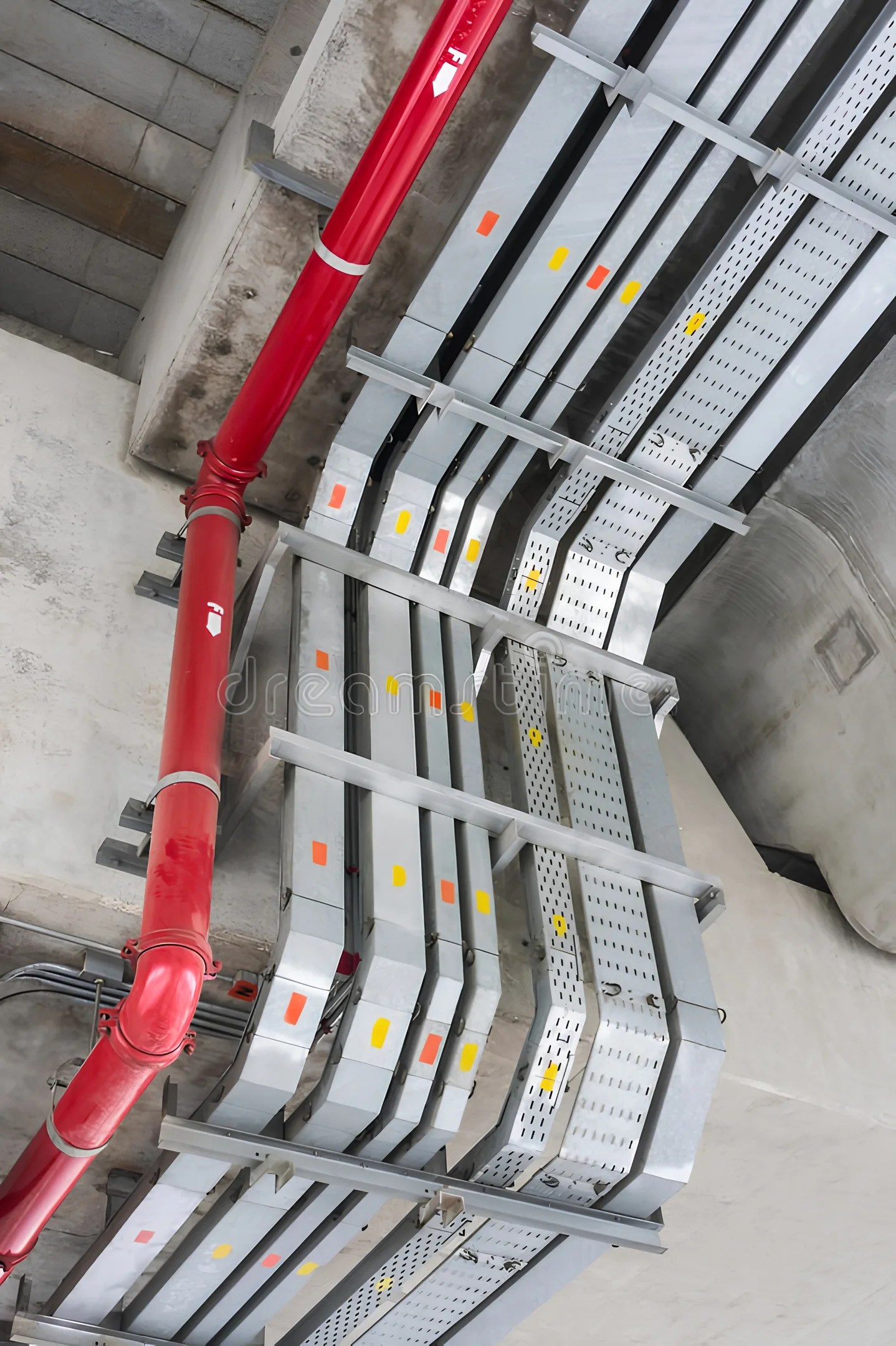 Cable trays and cables installed with brackets and supports