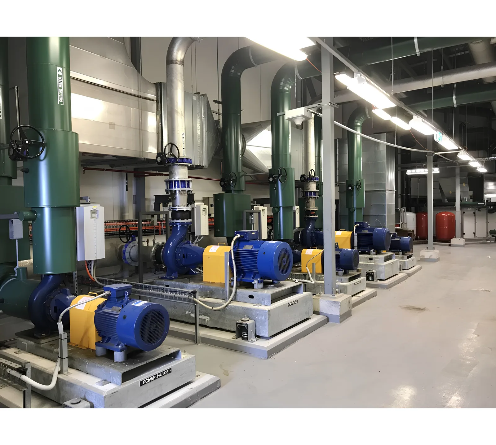 Chilled-water pumps installed on bases with piping and valves