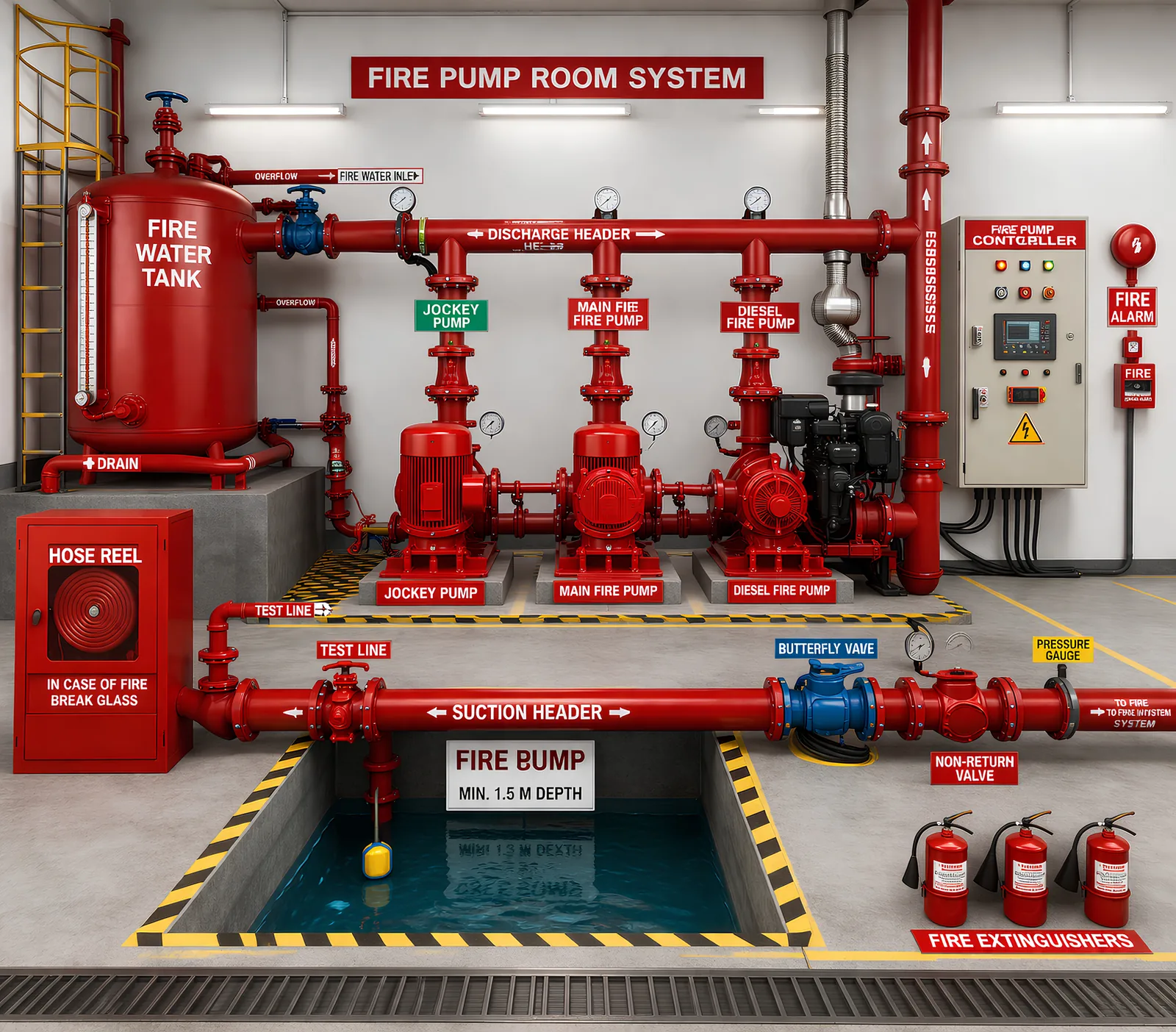 Fire pump room with pumps, headers and valves