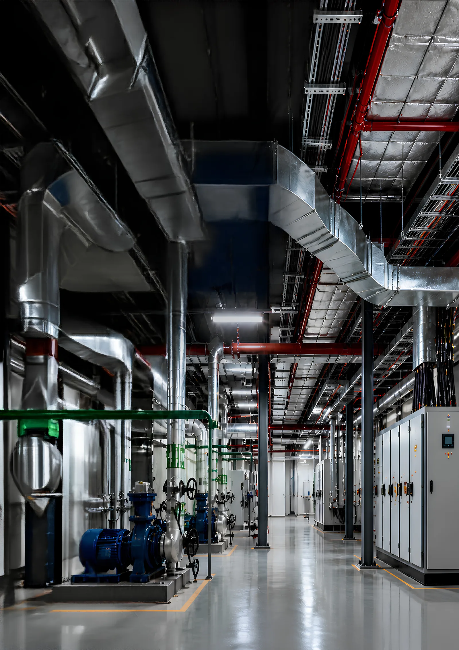 Plant room with ductwork, piping and electrical panels