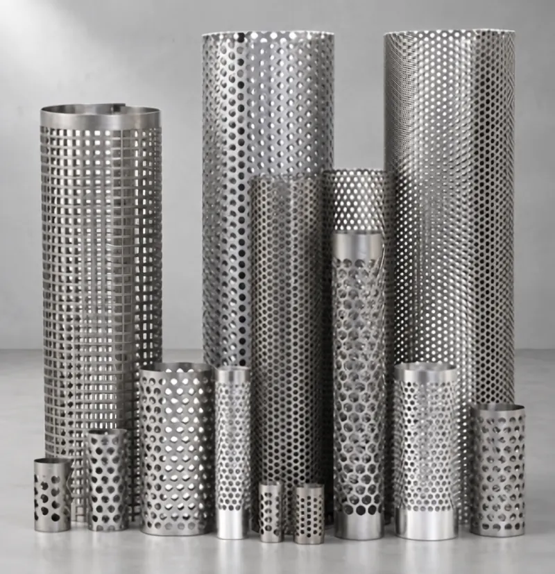Group of round perforated metal tubes in various diameters and hole patterns
