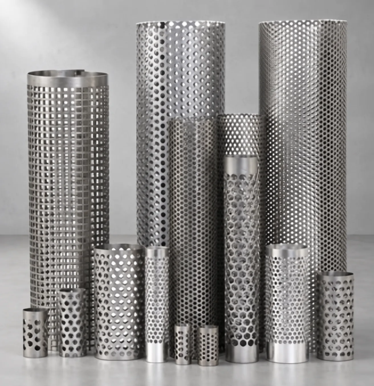 Group of round perforated metal tubes in various diameters and hole patterns