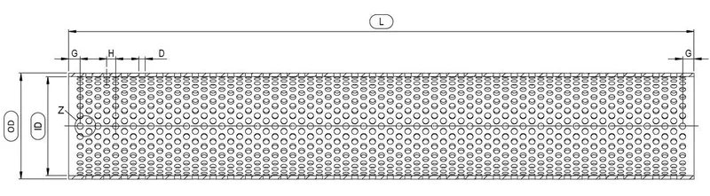 Technical drawing of a perforated tube showing outside diameter, inside diameter, length and plain margin