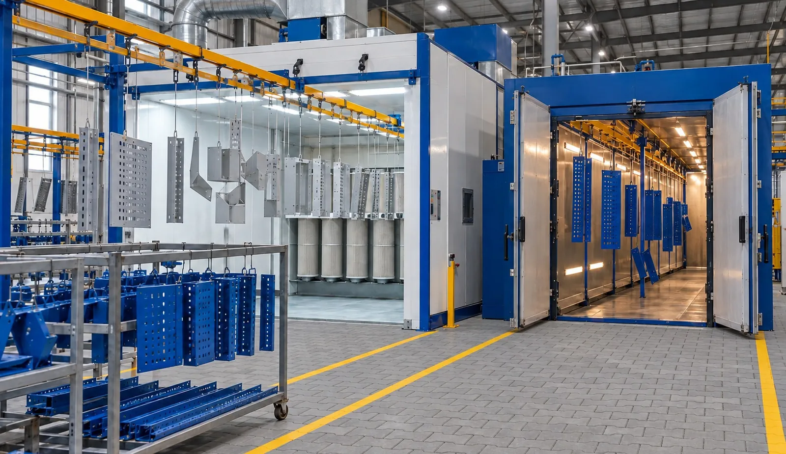 AI-generated illustration of a powder-coating plant, as labelled in the JASSCO catalogue