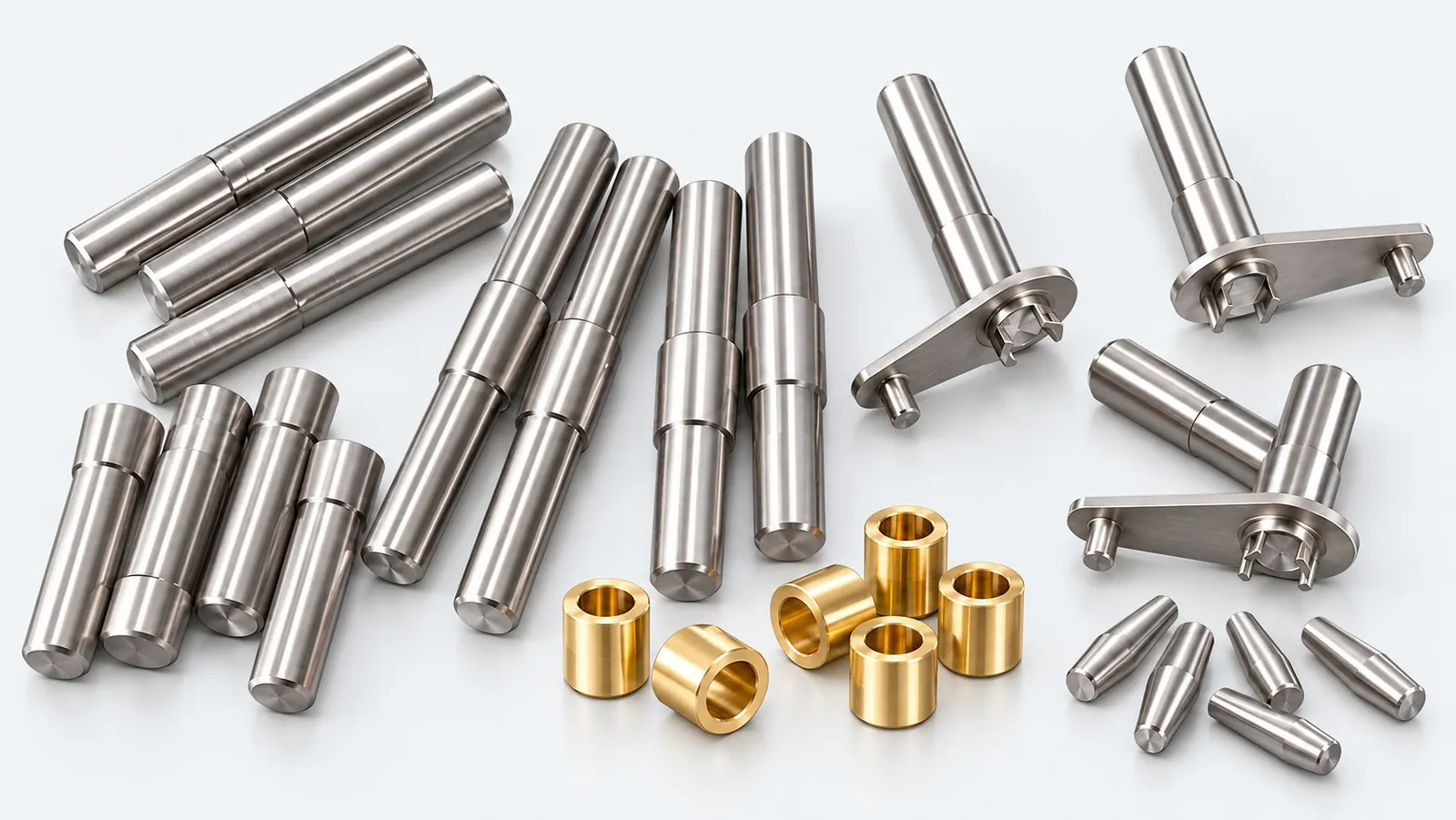Turned steel shafts, pins and brass bushes